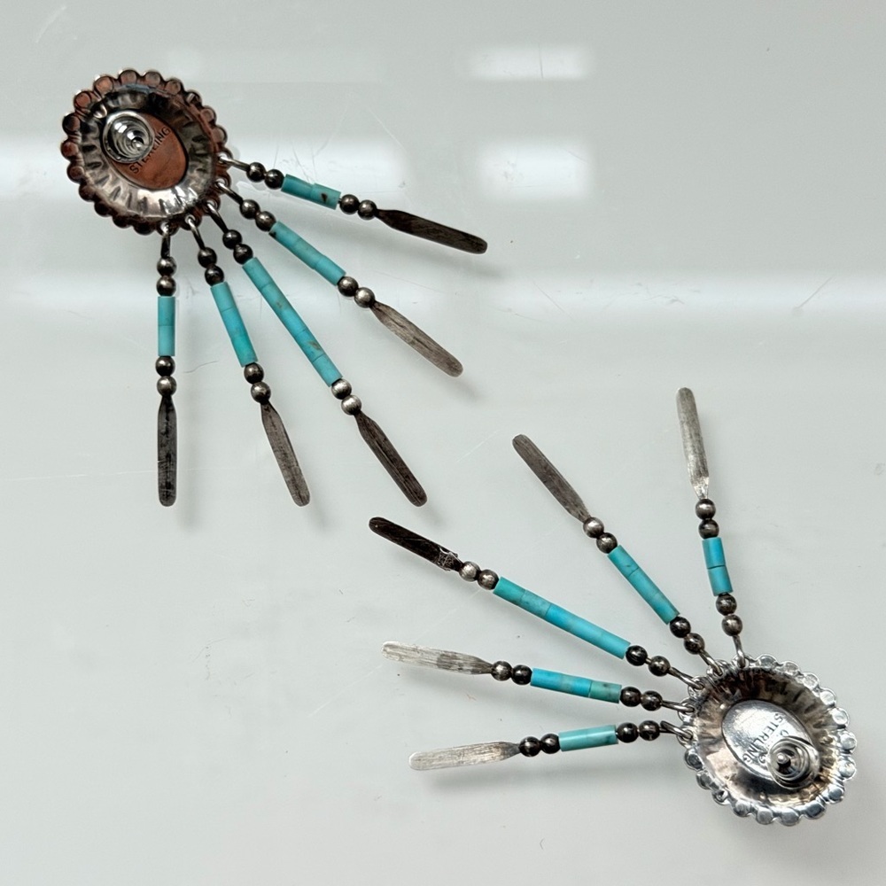 Vtg Signed Q.T Quoc Southwest Style Sterling925 &Turquoise Dangle Earrings 2.25” - Picture 6 of 7
